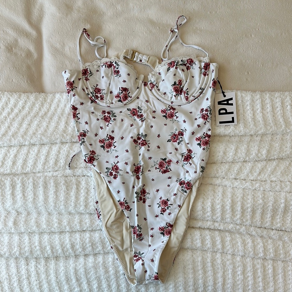 LPA White One-Piece Swimsuit with Pink Rose Pattern